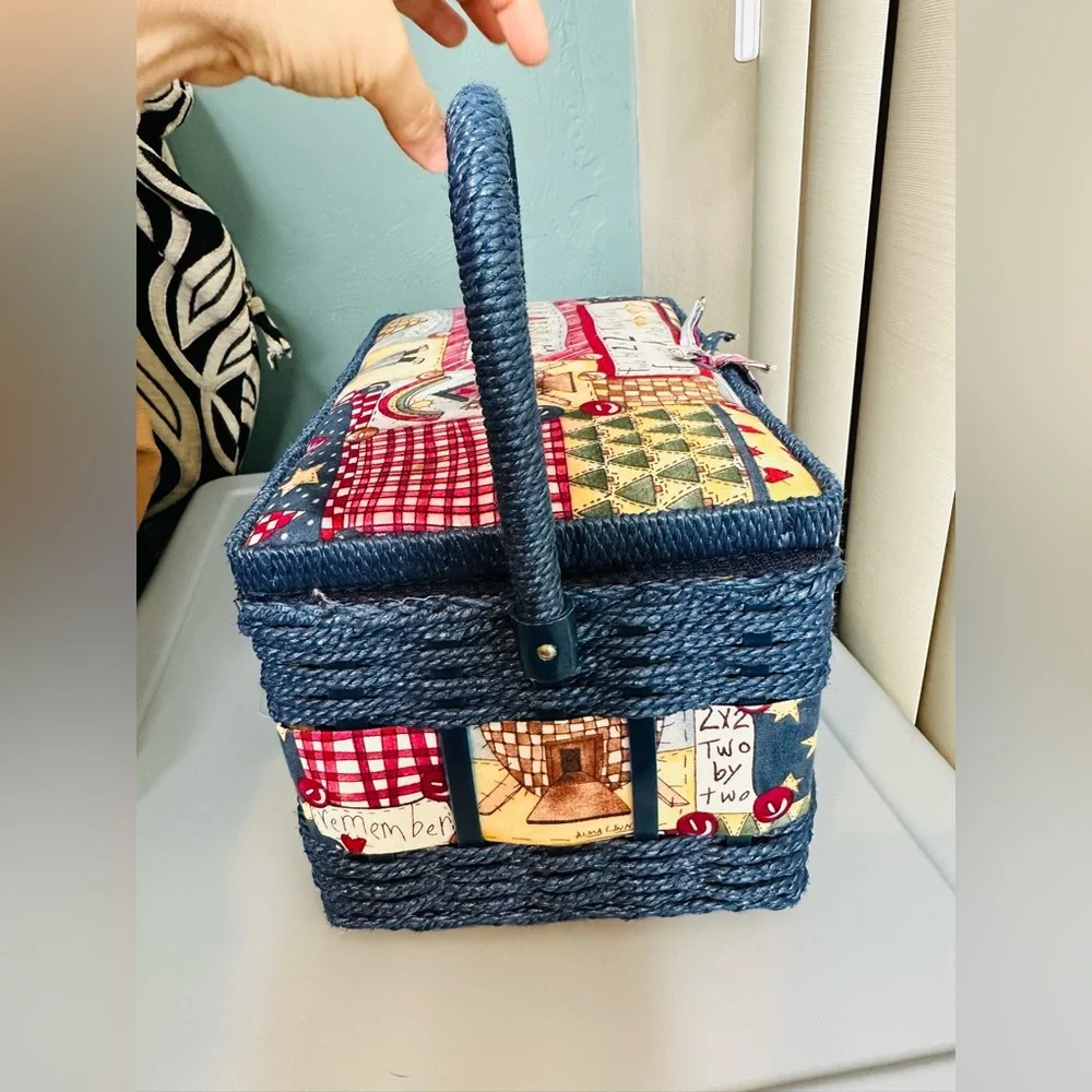 Vintage Blue Wicker Sewing Basket Noah’s Arc Fabric Lid Patchwork Design